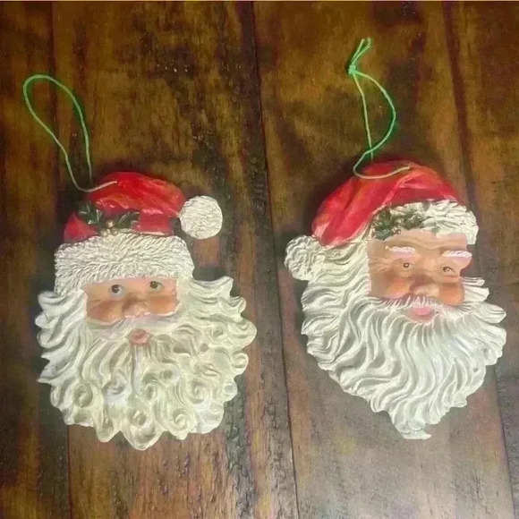 Santa Claus 4” Head Double Sided Christmas Ornament Vintage EUC Lot of 2 - Picture 2 of 3